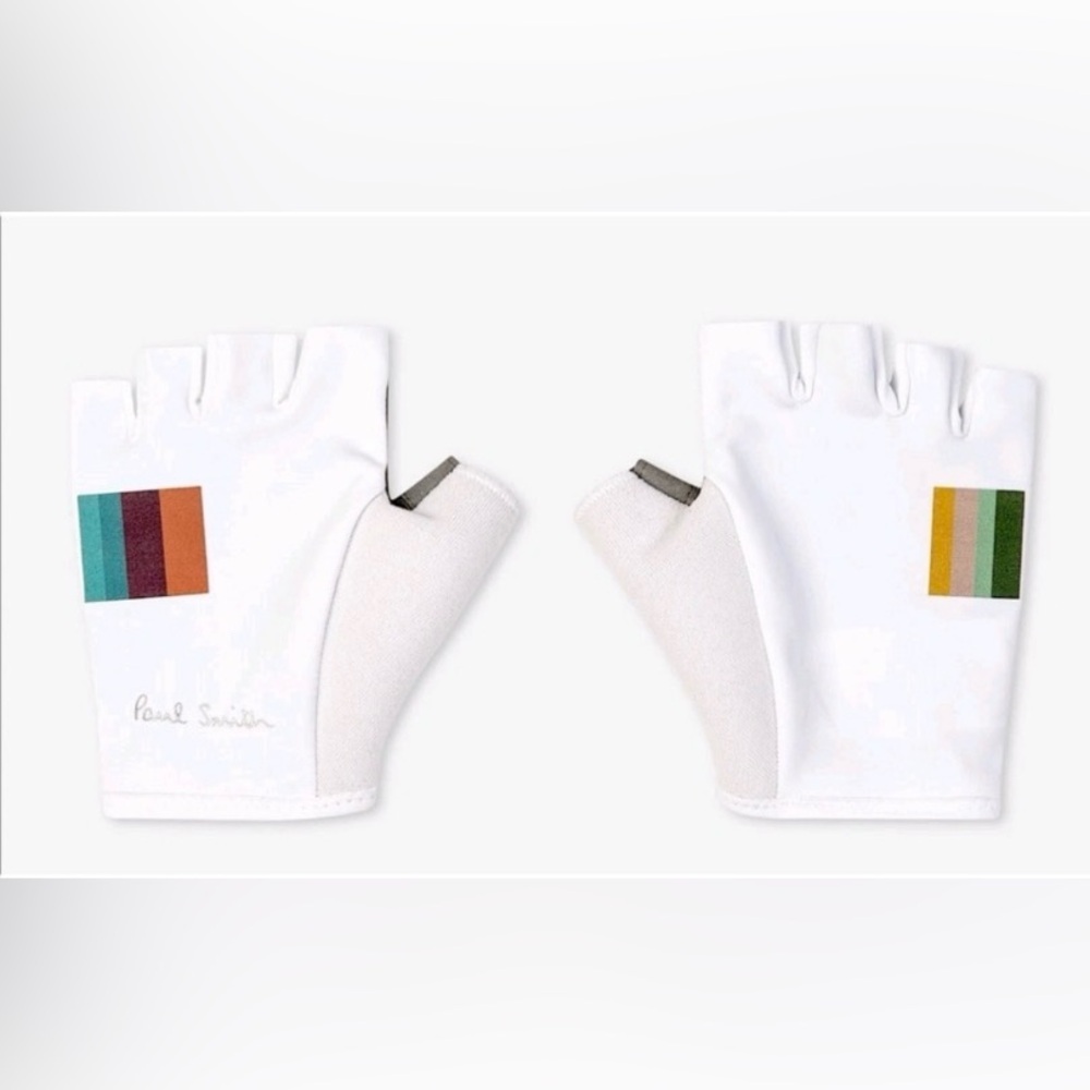 Paul Smith White Fingerless Gloves with Multicolor Stripes (biking gloves)